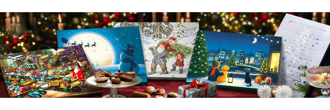 Julekalendere med chokoladebonbons  -  Forsalgspris  frem til 30. juli  -  Nye motiver