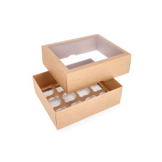 Cupcake-spørg i to dele for 12 cupcakes med PVC-vinduer og specialindsats 300x250x100 mm Brun (10-pak)
