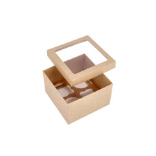 Cupcake-spørg i to dele for 4 cupcakes med PVC-vinduer og specialindsats 150x150x100 mm Brun (10-pak)